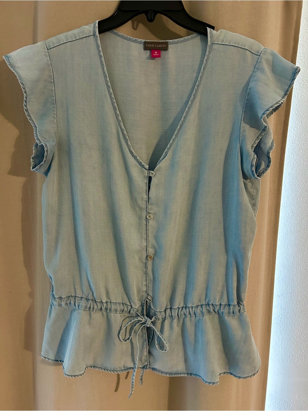 Vince Camuto Light Blue Tencel Chambray Button-Front Peplum Tie-Waist Top